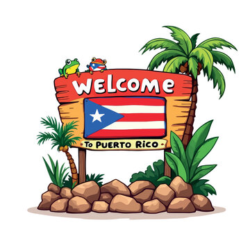 Vsai puerto rico welcome sign with coqui frogs and palm trees