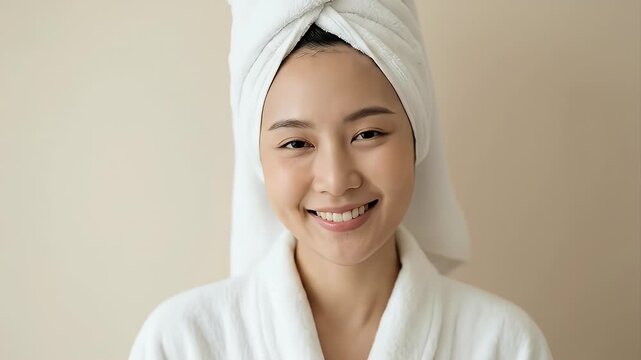 A cheerful young adult woman with a glowing complexion smiles directly at the camera, wearing a clean white towel turban wrapped around her head and a soft white bathrobe. The scene evokes feelings of