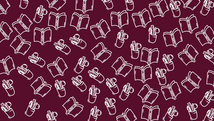 Seamless school doodle pattern with book and pen icons in hand drawn line style, educational background ideal for classroom and stationery design.