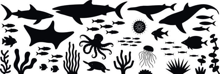 Underwater marine life silhouette set with sharks, rays, fish, octopus and coral, ocean wildlife vector illustration isolated on white © Heyyy