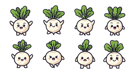 Fototapeta premium Cute turnip cartoon character set with various emotions and poses isolated on white background