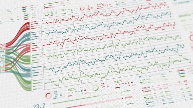 AI Data Analytics Interface Dashboard Animation, Big Data Processing Visualization with Statistical Charts, Infographic Flow Diagram, Business Intelligence Technology UI Background for Presentations