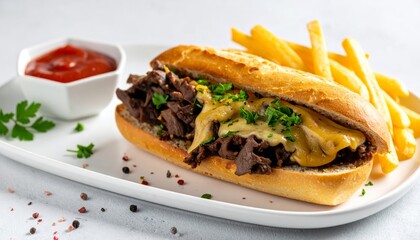 Grilled beef cheeseburger with bacon and lettuce served alongside crispy french fries and a healthy grilled chicken breast salad with vegetables on a white background