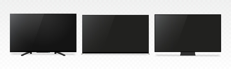 Obraz premium Realistic Black TV Mockup Set Modern Large Screen Television and Stylish Monitor Frame Collection with Blank Display Template