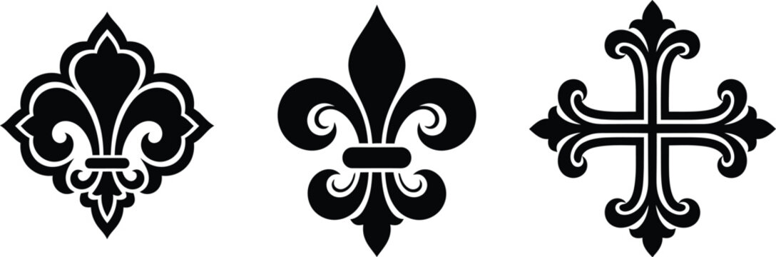 ornate fleur de lis and cross designs on white background