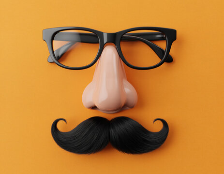 A funny hipster vector illustration of vintage fashion glasses and a mustache mask accessory set on a table in a retro art style