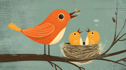Naklejka premium Mother Bird Feeding Her Hungry Chicks in a Nest