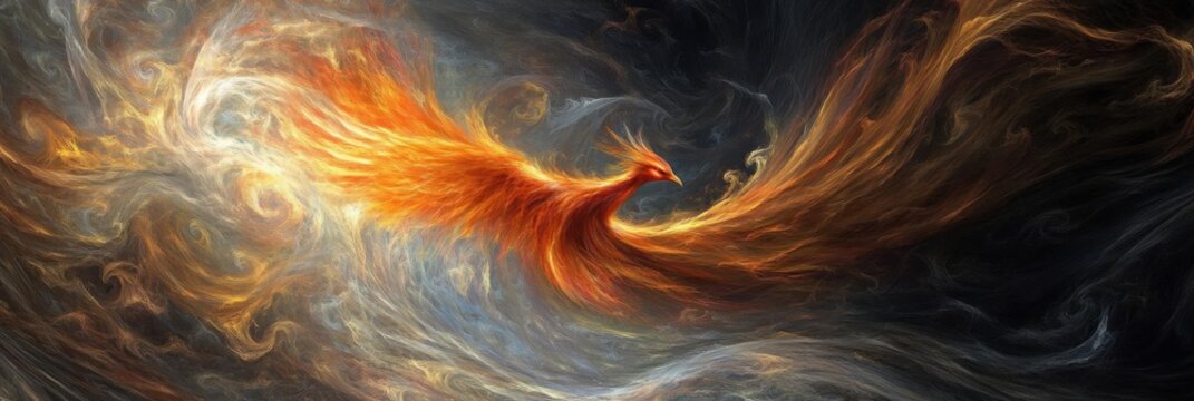 Abstract Bird Flies through Fiery Space, Mystical Concept Art Creation