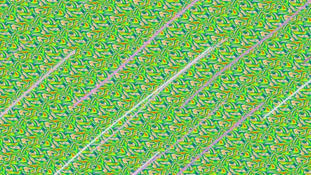 An abstract visual pattern featuring a repeating motif of stylized green and yellow geometric shapes with diagonal white lines creating a textured background effect