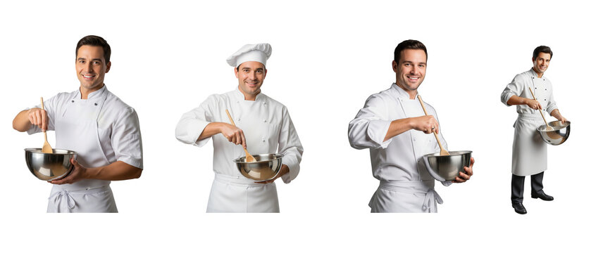 Four chefs in white uniforms mixing ingredients in bowls isolated on white background.