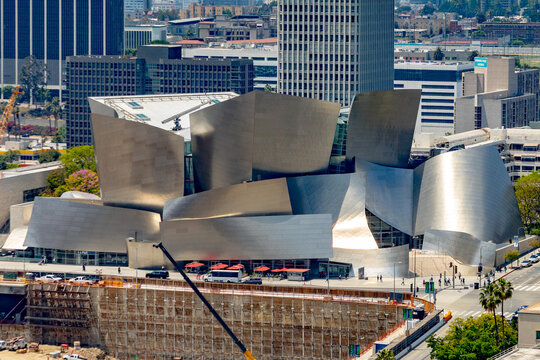 aerial of skyline of Los Angeles with famous disney concert hall