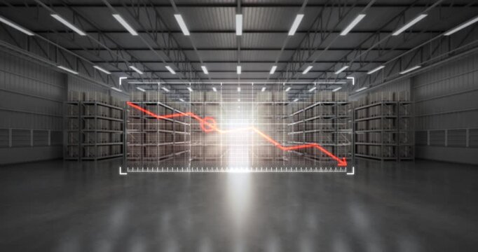 Dynamic red line graph overlaid on warehouse interior filled with boxes on industrial shelving. Themes of economic slowdown, supply chain disruption, decreased production and industry contraction.