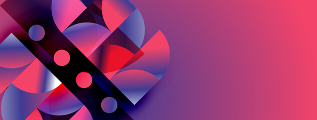 Abstract geometric shapes, vibrant colors, purple, red, blue gradients. Modern design, dynamic composition, sleek presentation.
