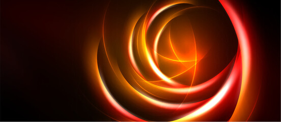 Abstract swirls, vibrant orange, red hues dominate dark background. Dynamic energy radiates from central focal point. Smooth gradients create depth.