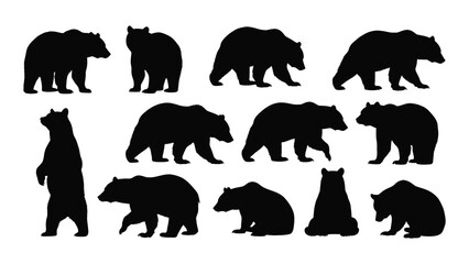 A collection of black silhouettes of different bear species in various poses isolated on white background, Vector