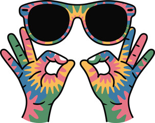 Tie-Dye Sunglasses and Hands Making OK Symbol, Retro Vibe, Stock Illustration