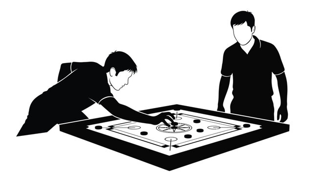 Two men playing carrom a recreational game in stark silhouette