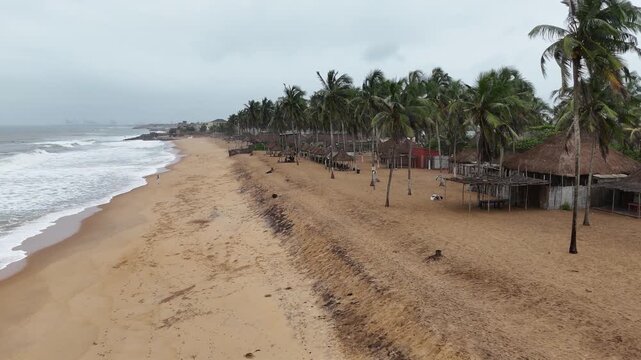 Stunning aerial shot of the Atlantic coast in Lome, Togo. Features a pristine sandy beach, rows of coconut palm trees, and traditional thatched beach huts under a cloudy tropical sky