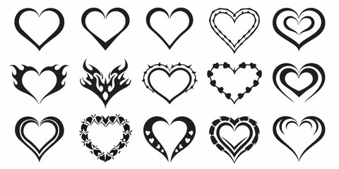 Collection of diverse black heart designs on a white background