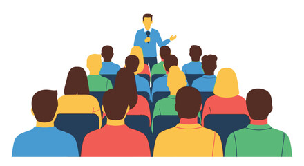 A speaker addresses a large audience in a flat colorful silhouette