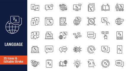Language icon set. Icons related to communication, translate, speech, non-verbal, speaking, dictionary, language skills, vocabulary and more. Outline icon with Editable stroke. Vector illustration © ARIF MIFTAHUL ANWAR