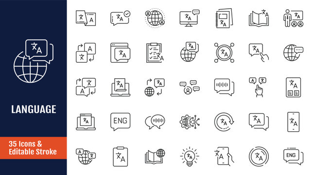 Language icon set. Icons related to communication, translate, speech, non-verbal, speaking, dictionary, language skills, vocabulary and more. Outline icon with Editable stroke. Vector illustration