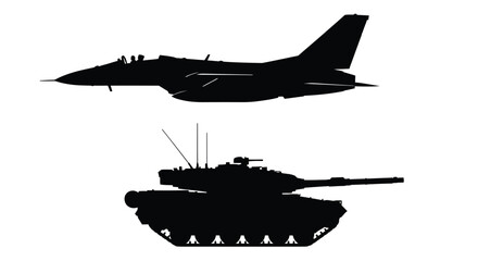 Military vehicles a fighter jet and tank in black silhouette © Taylor