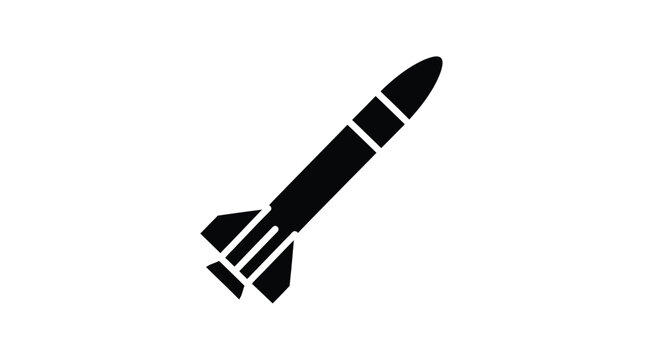 A stark black missile illustration against a white background silhouette