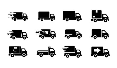 Fast Delivery Truck Silhouette Icon Set with Cargo Van and Express Shipping Symbols © MstMonisha