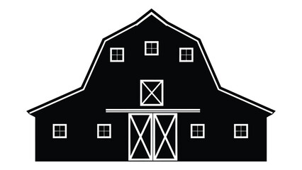 A large black barn with white windows and a distinctive x-shaped gable design isolated on white background, Vector
