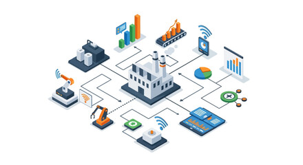 Fototapeta premium Industrial automation and data analysis system with interconnected devices.