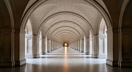 Long Arched Hallway With Warm Light at End, Modern Stone Corridor and Elegant Symmetrical Architecture for Luxury Design