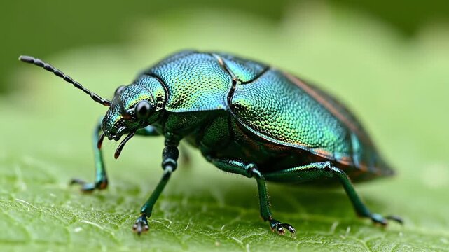 Closeup of blue green beetle on leaf.