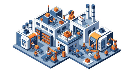 Obraz premium Isometric illustration of an industrial factory with various machinery and equipment.