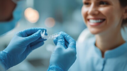 A dentist wearing blue gloves holds a clear dental aligner while a smiling patient looks on, highlighting modern orthodontic care.