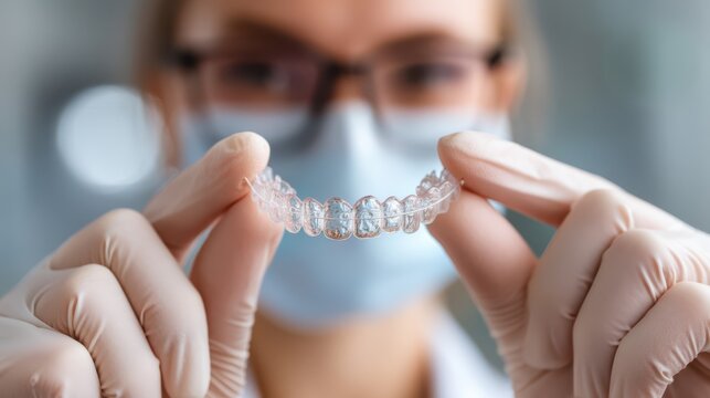 A dental professional wearing gloves and a mask holds a clear orthodontic aligner for teeth straightening.