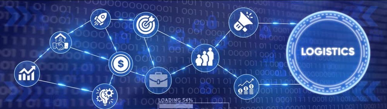 Digital network of business icons with loading bar animation on binary code background footage
