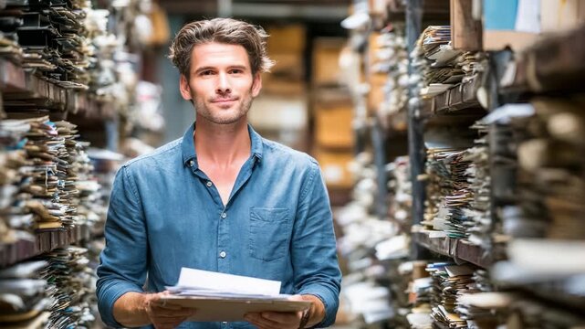 Focused Individual Examining Documents in a Busy Archive Surrounded by Stacks of Papers and Files, Capturing the Essence of Organizational Challenges and Historical Research