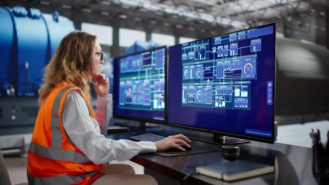 Women Engineer Monitoring SCADA System For Oil