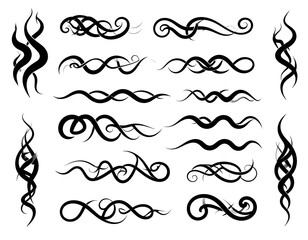 Obraz premium Black graphic elements, swirling lines and organic shapes, various designs isolated on a white background, creating decorative patterns
