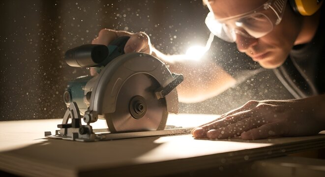 Carpenter Using Circular Saw to Cut Wood in Workshop.