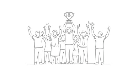 Obraz premium A team celebrates victory with a trophy in a linear style silhouette