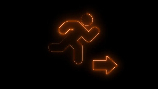 Neon Running Man with Arrow Pointer on Black Background for Emergency Exit Signage and Safety Instructions