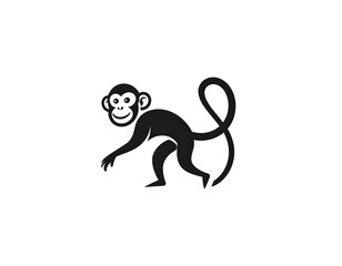 Obraz premium Black silhouette of a monkey in a walking pose on a white background, featuring a long curled tail and smiling face