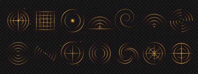 Naklejka premium Golden radar waves reflect sound and light in bright circular motion, glowing with neon warmth and sensor precision. Every signal shimmers with the elegance of pure energy.