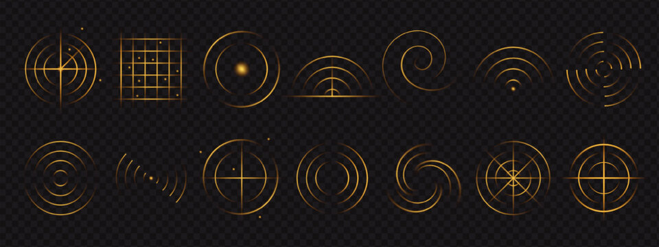 Golden radar waves reflect sound and light in bright circular motion, glowing with neon warmth and sensor precision. Every signal shimmers with the elegance of pure energy.