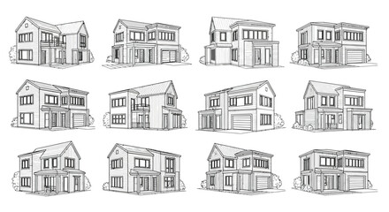 Naklejka premium A collection of sketched house designs presented as a black silhouette