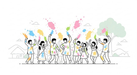Fototapeta premium Group of people celebrating Holi festival with colorful powder line art illustration for cultural events and invitations isolated on white