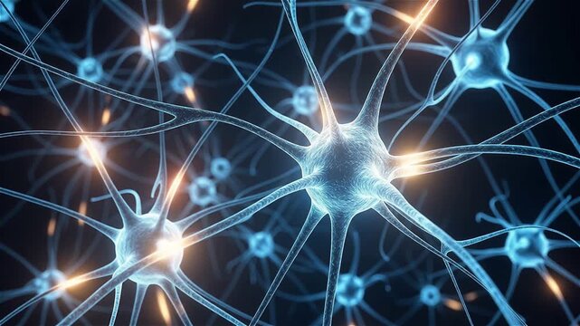 Abstract blue neuron network, depicting artificial intelligence deep learning, brain synapse connections, and biotechnology concepts