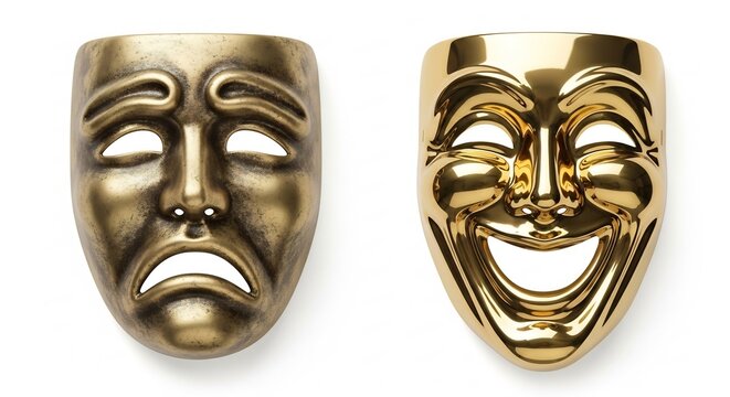 gold comedy and tragedy theatre masks on white background